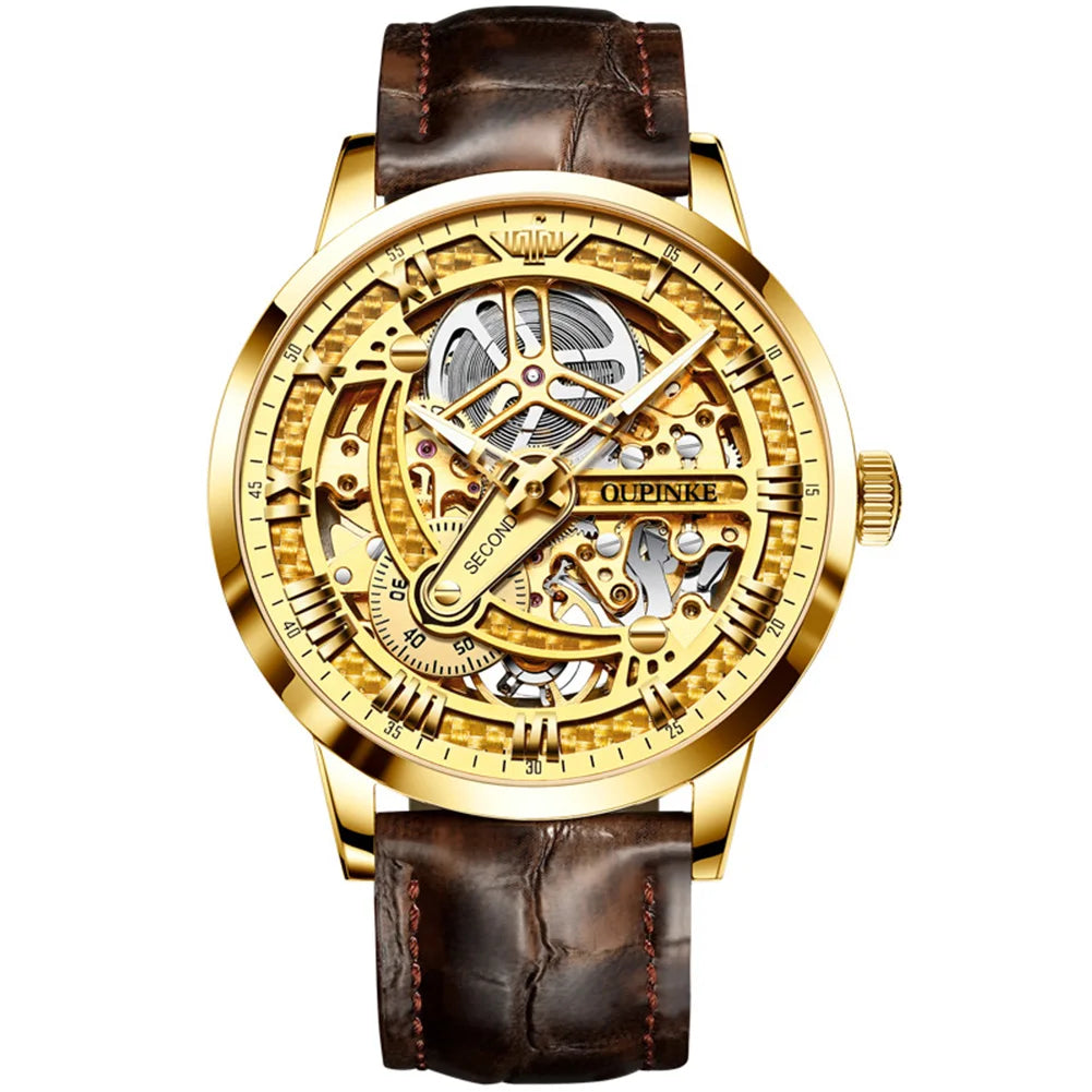 OUPINKE 3173 Men's Full Gold Watch Fully hollow out Waterproof top-level luxury automatic mechanical watch