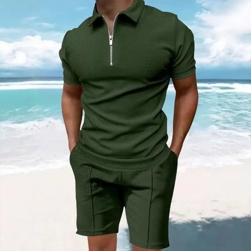 Men's Comfortable Short-Sleeved Waffle Polo Shirt And Shorts Set - Breathable Lightweight Spring/Summer Clothing