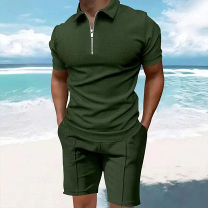 Men's Comfortable Short-Sleeved Waffle Polo Shirt And Shorts Set - Breathable Lightweight Spring/Summer Clothing
