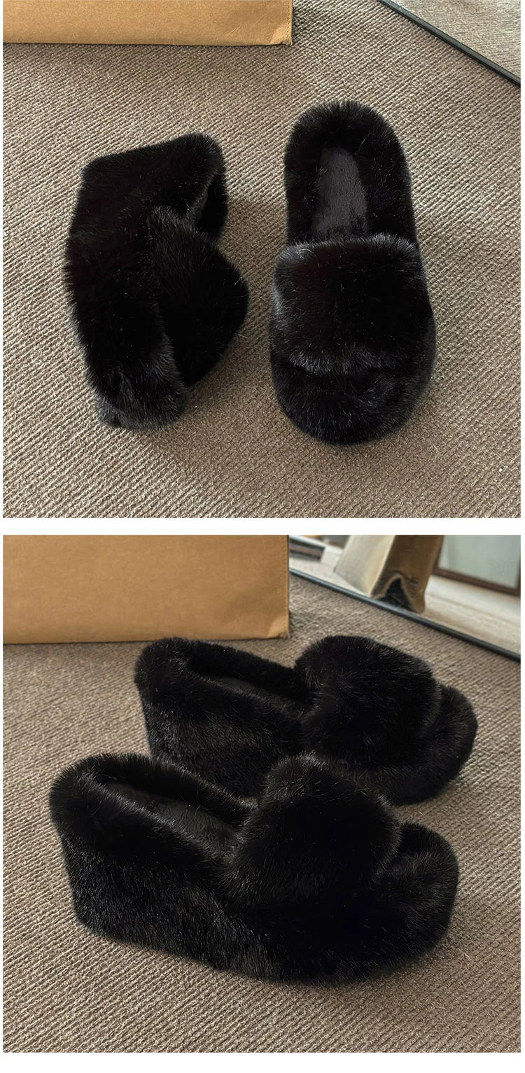 2024 Luxury New Women Feminine High-heeled Fur Drag Outdoor All-match Shoes Slippers Round Head Wedges with Mink Fur Slippers