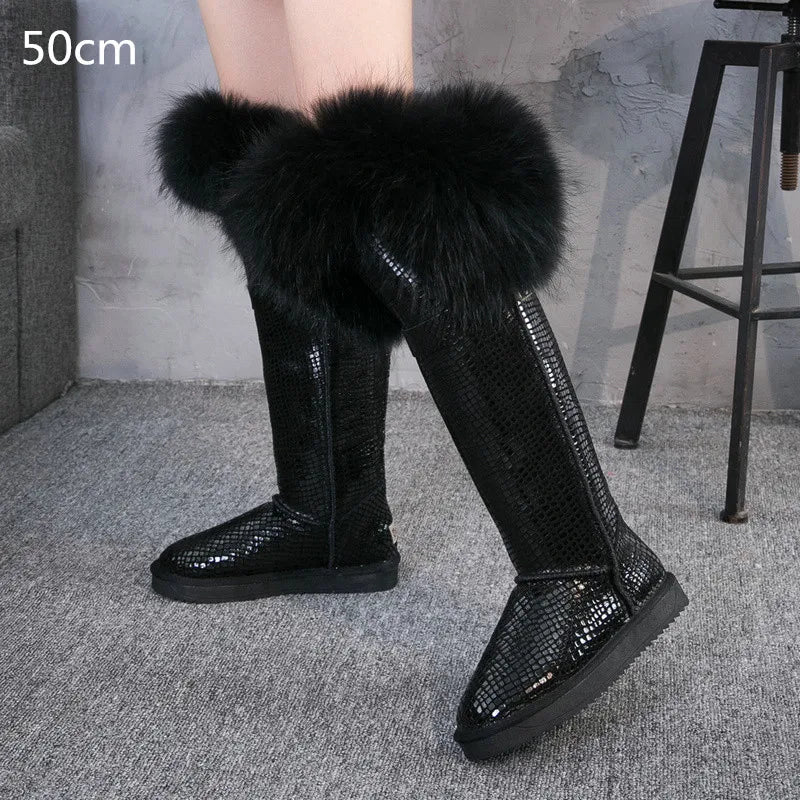 Winter Natural Fox Fur Long Boots Winter Fur Black Genuine Leather Snow Boots Knee- High Boots Waterproof Flat Raccoon Fur Boot