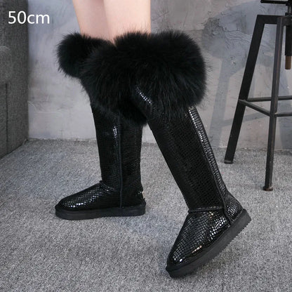 Winter Natural Fox Fur Long Boots Winter Fur Black Genuine Leather Snow Boots Knee- High Boots Waterproof Flat Raccoon Fur Boot