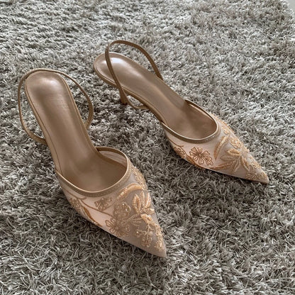 Mesh Embroidered Fashion Sandals Women String Bead High Heels Mules Shoes Pointed Toe Slingback Slippers Women Zapatos De Mujer