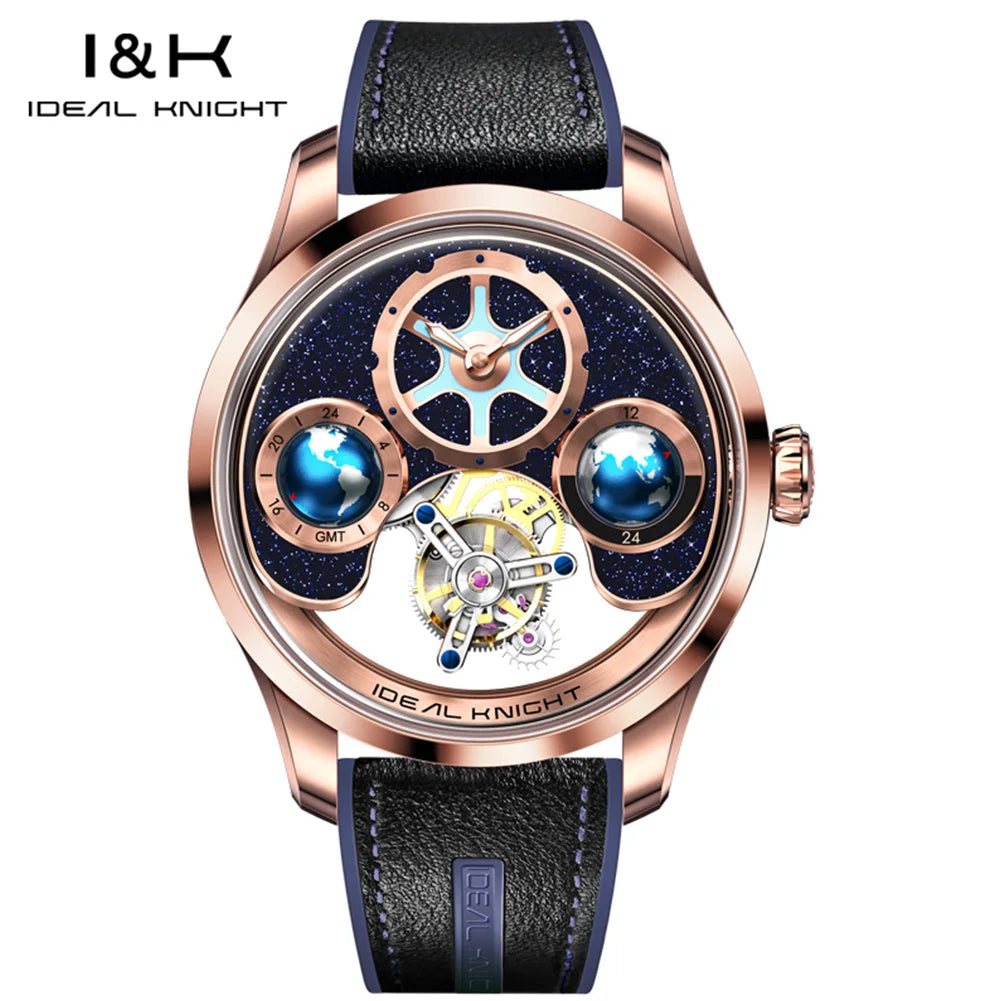 IDEAL KNIGHT 6808 Man Watch Blue Earth Dial Hollow Mechanical Watches For Men Waterproof Tourbillon Men's Automatic Wristwatches