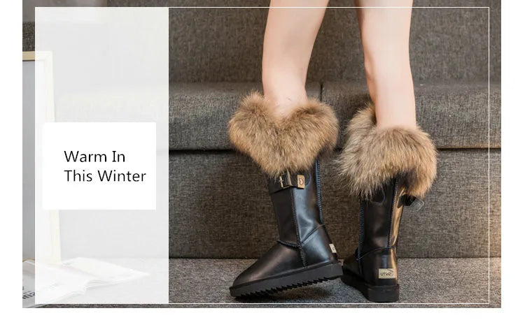 Winter Natural Fox Fur Long Boots Winter Fur Black Genuine Leather Snow Boots Knee- High Boots Waterproof Flat Raccoon Fur Boot