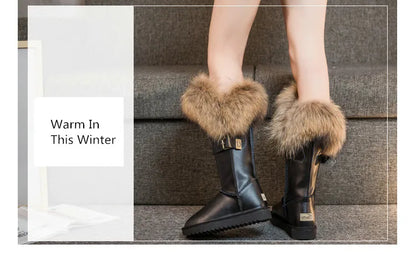 Winter Natural Fox Fur Long Boots Winter Fur Black Genuine Leather Snow Boots Knee- High Boots Waterproof Flat Raccoon Fur Boot