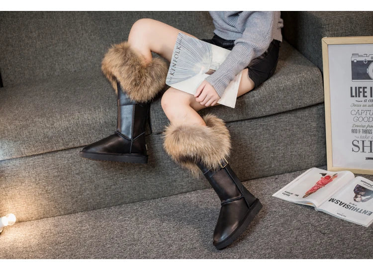 Winter Natural Fox Fur Long Boots Winter Fur Black Genuine Leather Snow Boots Knee- High Boots Waterproof Flat Raccoon Fur Boot