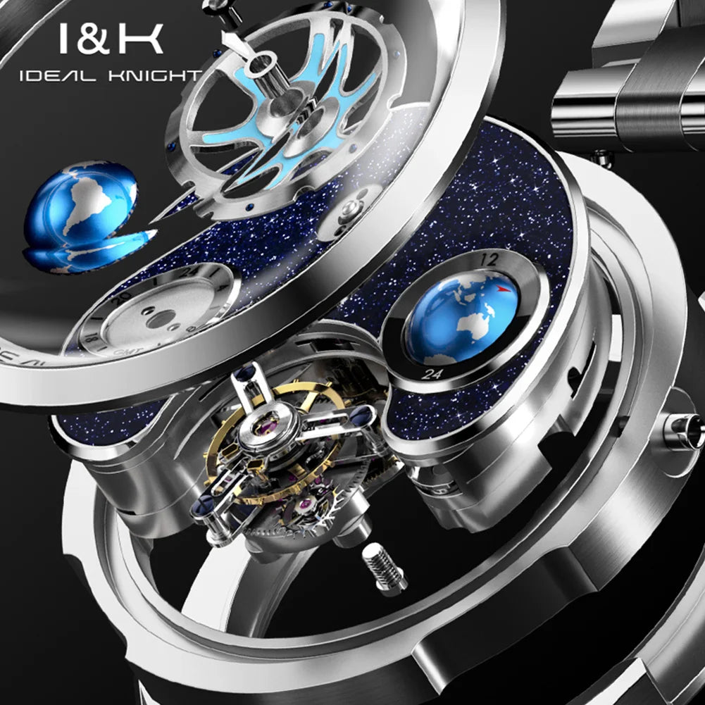 IDEAL KNIGHT 6808 Man Watch Blue Earth Dial Hollow Mechanical Watches For Men Waterproof Tourbillon Men's Automatic Wristwatches