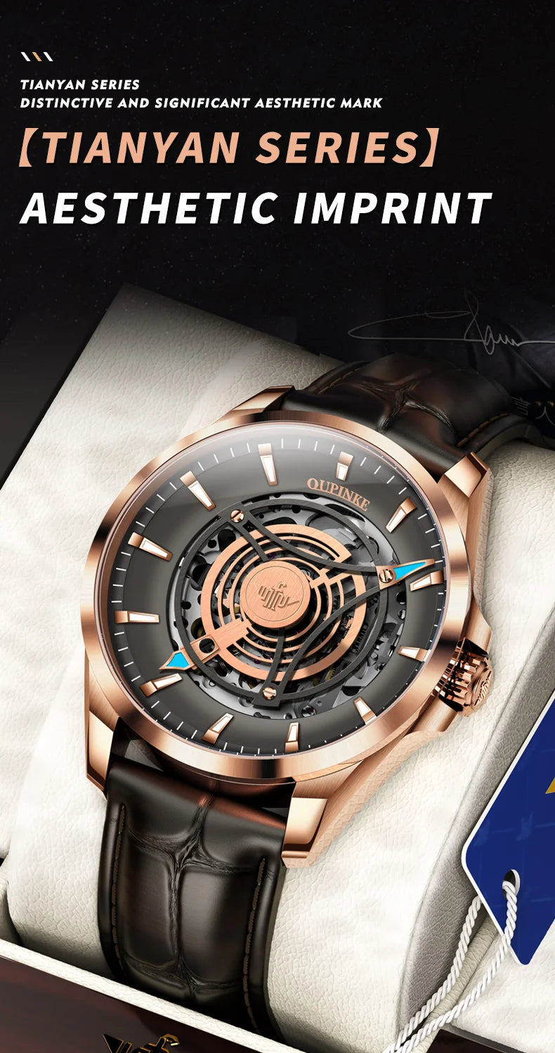 OUPINKE 3206 Automatic Mechanical Watch for Men Hollow 40mm Dial Original Hand Clock Synthetic Sapphire Mirror Leather Man Watch