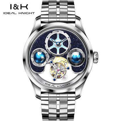 IDEAL KNIGHT 6808 Man Watch Blue Earth Dial Hollow Mechanical Watches For Men Waterproof Tourbillon Men's Automatic Wristwatches
