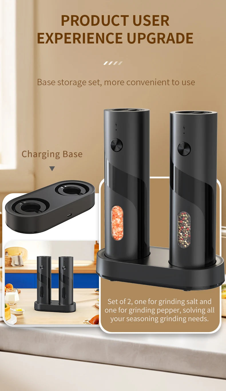 2Pcs/Set USB Rechargeable Automatic Pepper Grinder Salt And Pepper Mill Adjustable Coarseness Spice Grinder with LED for Kitchen