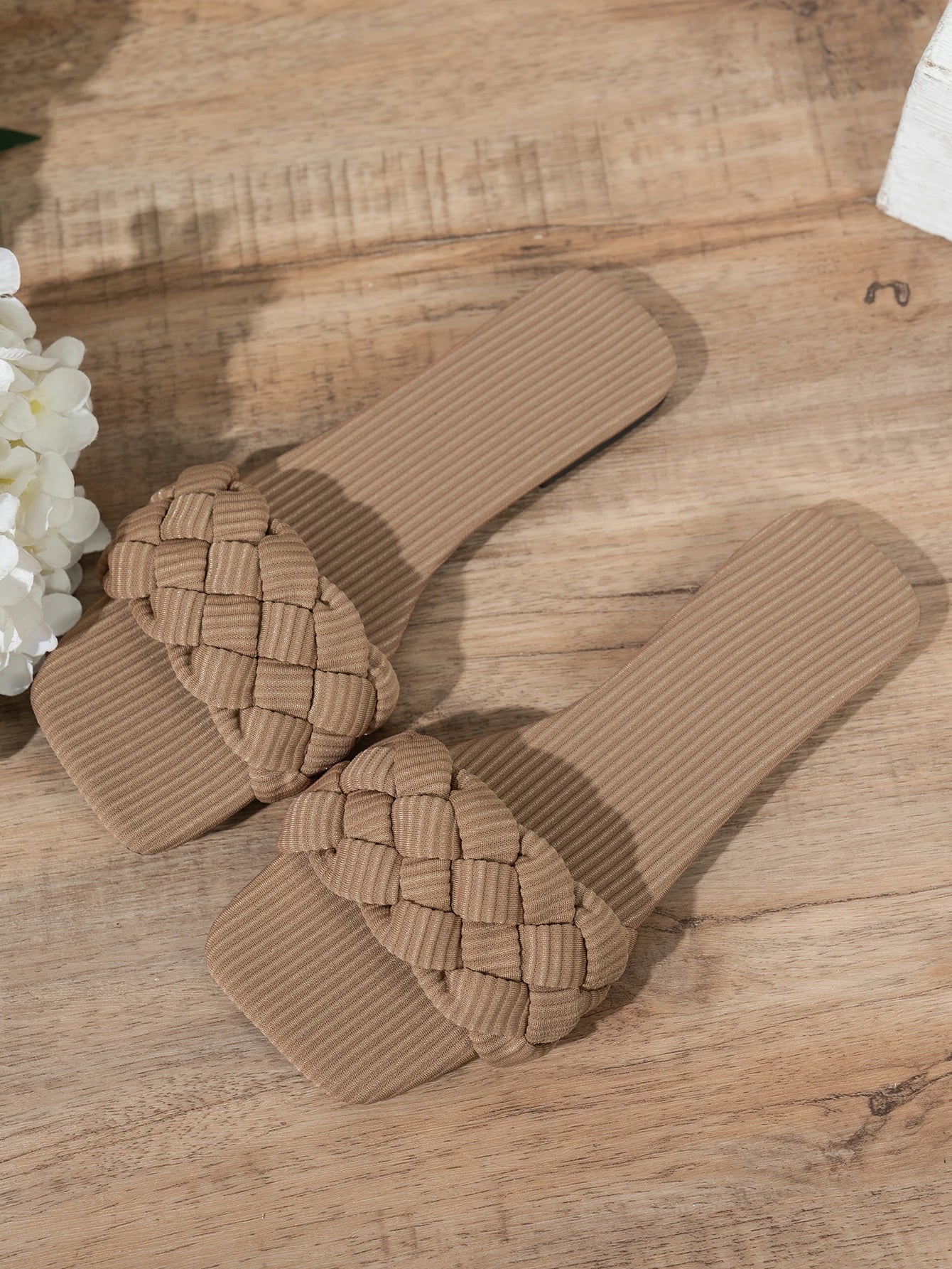 Square-toe Basket-Woven Sandals, Flat Home Slippers