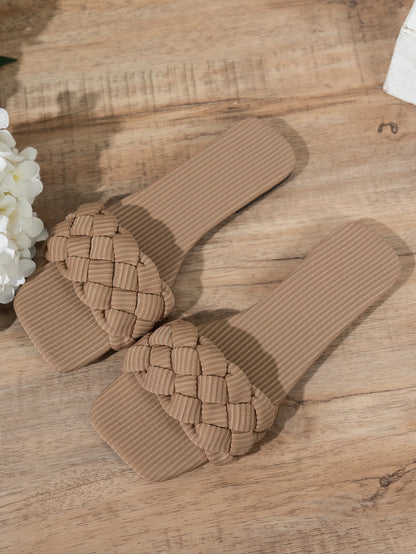Square-toe Basket-Woven Sandals, Flat Home Slippers