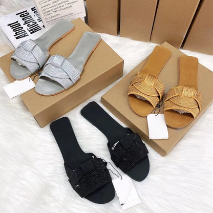 Brand Designer 2024 Summer Flat Women's Slippers Shining Diamond Decoration Open Toe Beach Shoes Outdoor Walk Ladies Slides