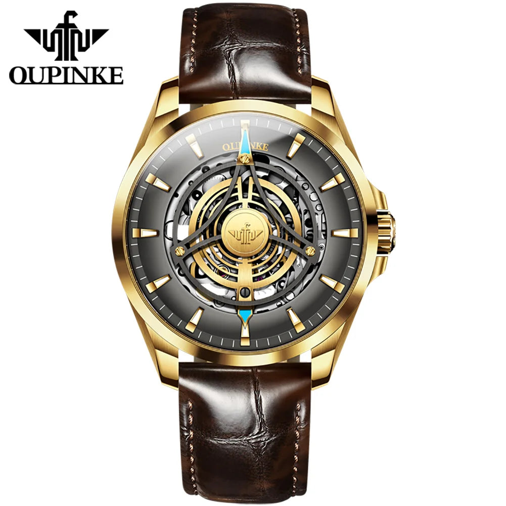 OUPINKE 3206 Automatic Mechanical Watch for Men Hollow 40mm Dial Original Hand Clock Synthetic Sapphire Mirror Leather Man Watch