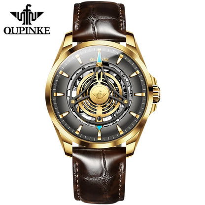OUPINKE 3206 Automatic Mechanical Watch for Men Hollow 40mm Dial Original Hand Clock Synthetic Sapphire Mirror Leather Man Watch