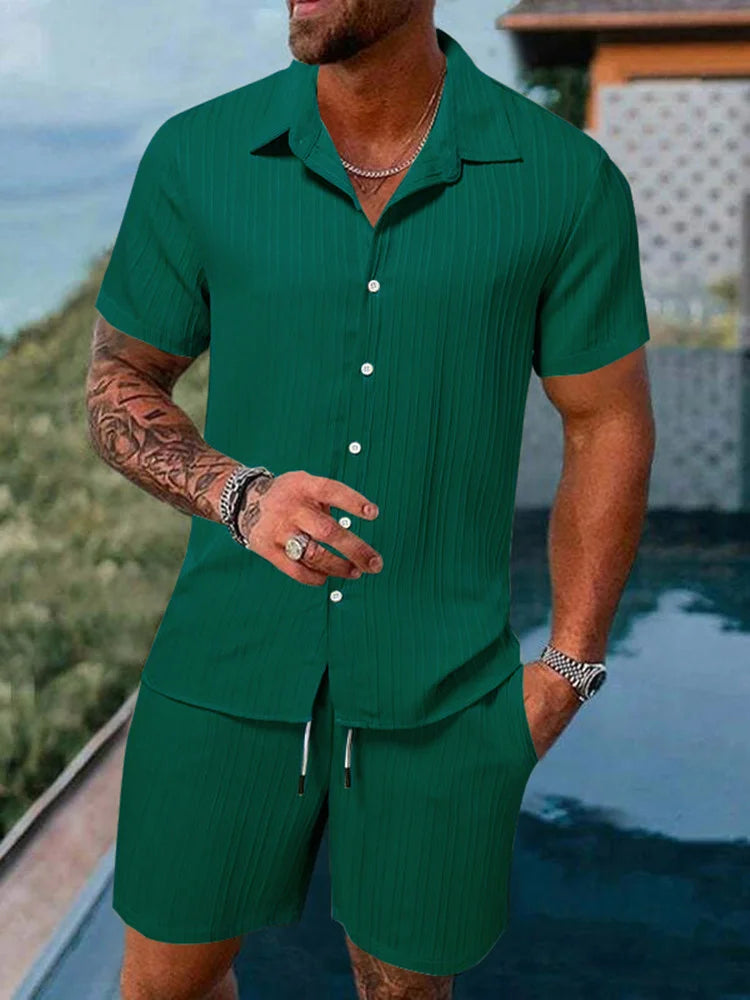 Hot autumn men's striped casual fashion suit shirt and shorts, beach casual suit autumn street wear