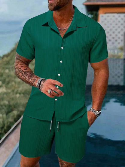 Hot autumn men's striped casual fashion suit shirt and shorts, beach casual suit autumn street wear