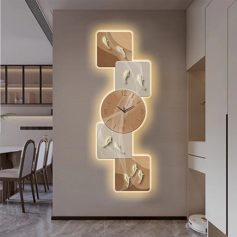 Modern Nine Fish LED Wall Clock | Artistic Silent Mural Clock with Luminous Design for Living Room & Home Decoration