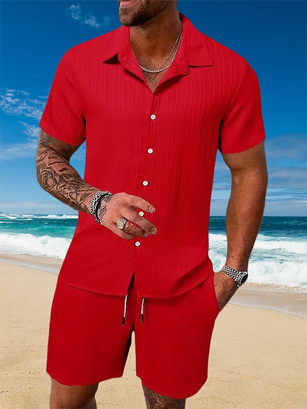 Ice Silk Cool Summer Men's Solid Color Polo Casual Loose Short Sleeve Shorts Sport Set Beach Surfing Ultra-thin Ultra Light