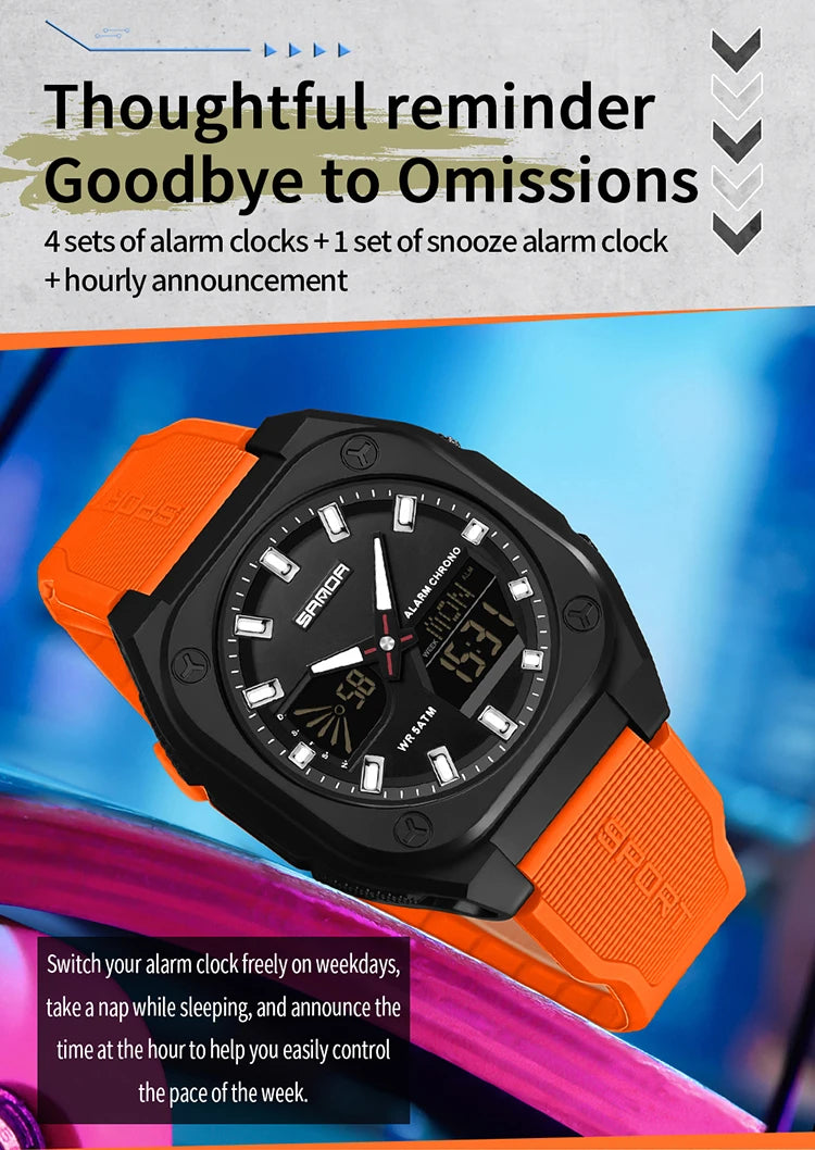 SANDA Quartz Watches for Men's Luxury Military Sport Chronograph Waterproof LED Dual Display Electronic Man Watches Reloj Hombre