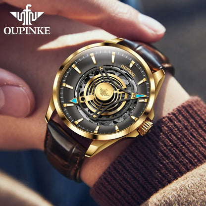 OUPINKE 3206 Automatic Mechanical Watch for Men Hollow 40mm Dial Original Hand Clock Synthetic Sapphire Mirror Leather Man Watch