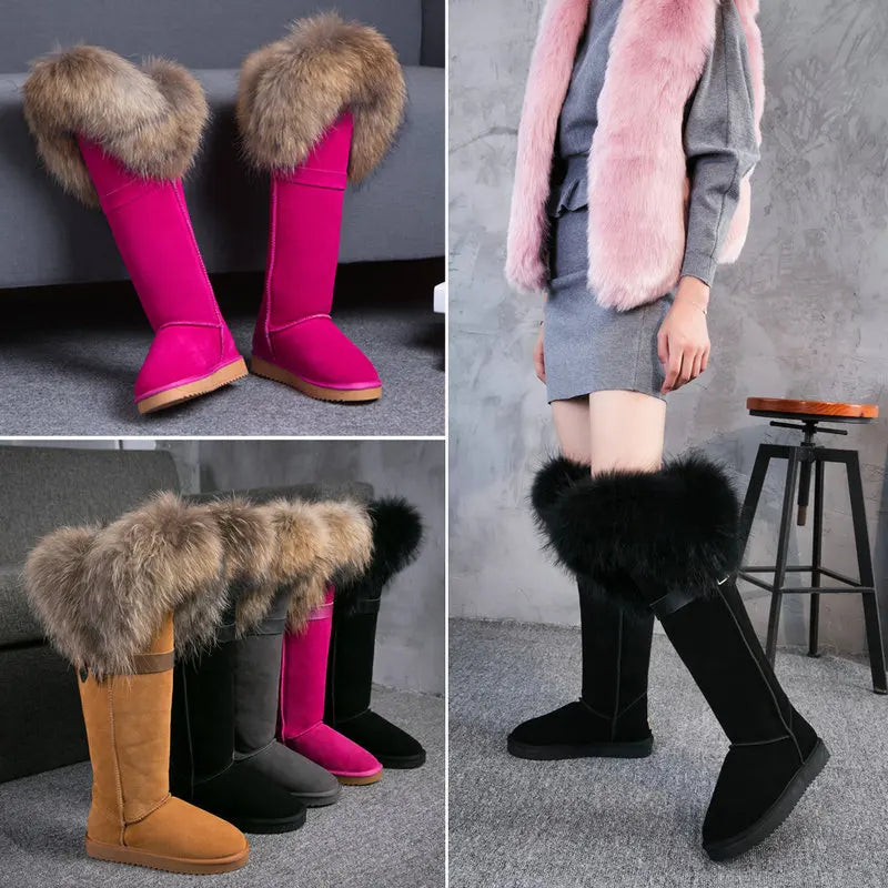 Winter Natural Fox Fur Long Boots Winter Fur Black Genuine Leather Snow Boots Knee- High Boots Waterproof Flat Raccoon Fur Boot