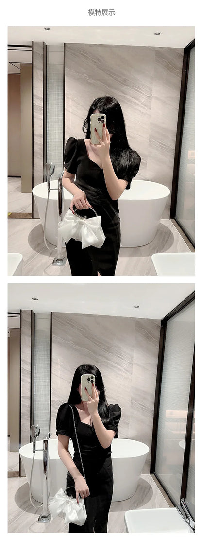 White Satin Bow Fairy Evening Bags Clutch Metal Handle Handbags for Women Wedding Party Bridal Clutches Purse Chain Shoulder Bag