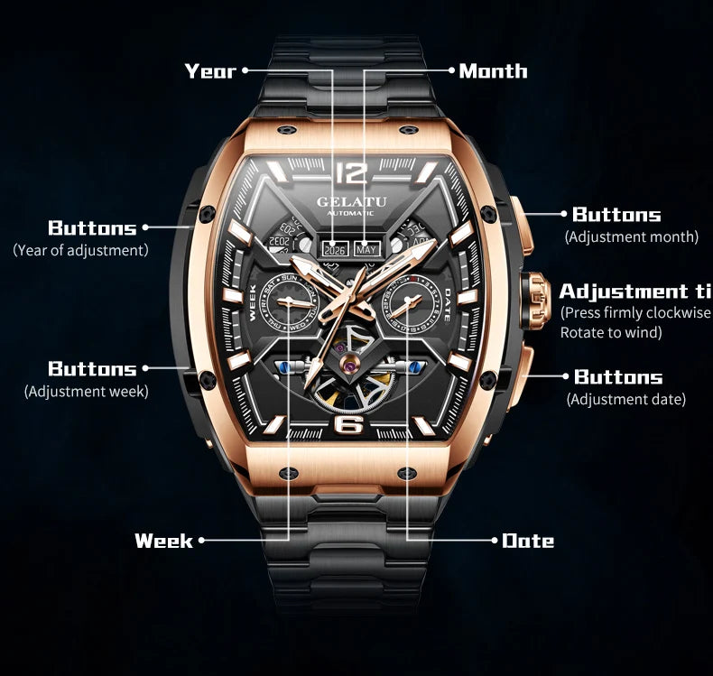 Reloj Hombre Watches Mens GELATU Top Brand Luxury Rose Black Skeleton Tourbillon Automatic Mechanical Watch for Men Waterproof