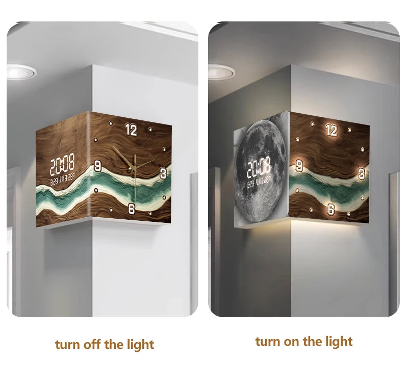 Abstract Double-Sided Acrylic Wall Clock | Silent Operation with Digital Display, Modern Home Living Room Decor