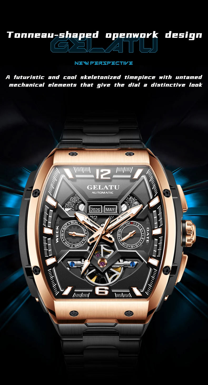 Reloj Hombre Watches Mens GELATU Top Brand Luxury Rose Black Skeleton Tourbillon Automatic Mechanical Watch for Men Waterproof