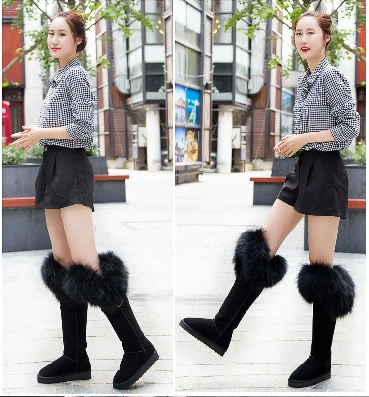 Winter Natural Fox Fur Long Boots Winter Fur Black Genuine Leather Snow Boots Knee- High Boots Waterproof Flat Raccoon Fur Boot