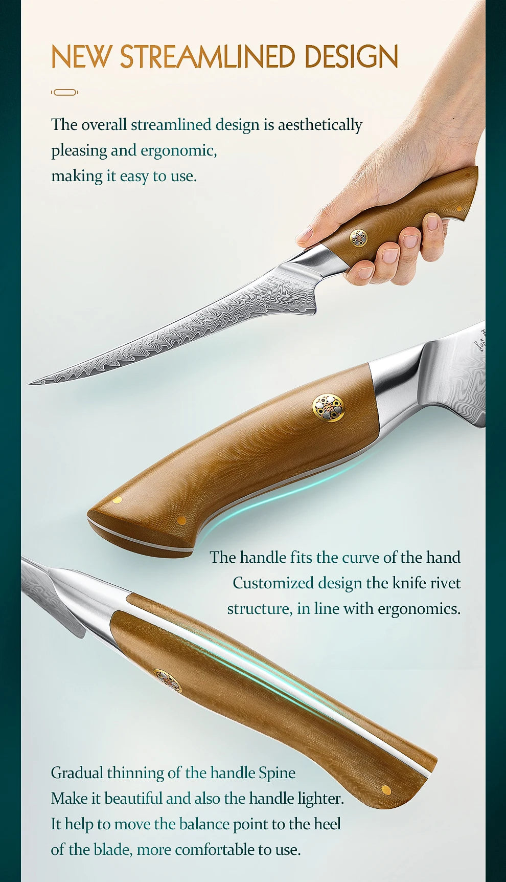 HEZHEN 7.3 Inch Fillet Knife 10Cr15CoMoV Steel Core Damascus Steel Kitchen Knife Cooking Cutlery Kitchen Tools Filleting Knife