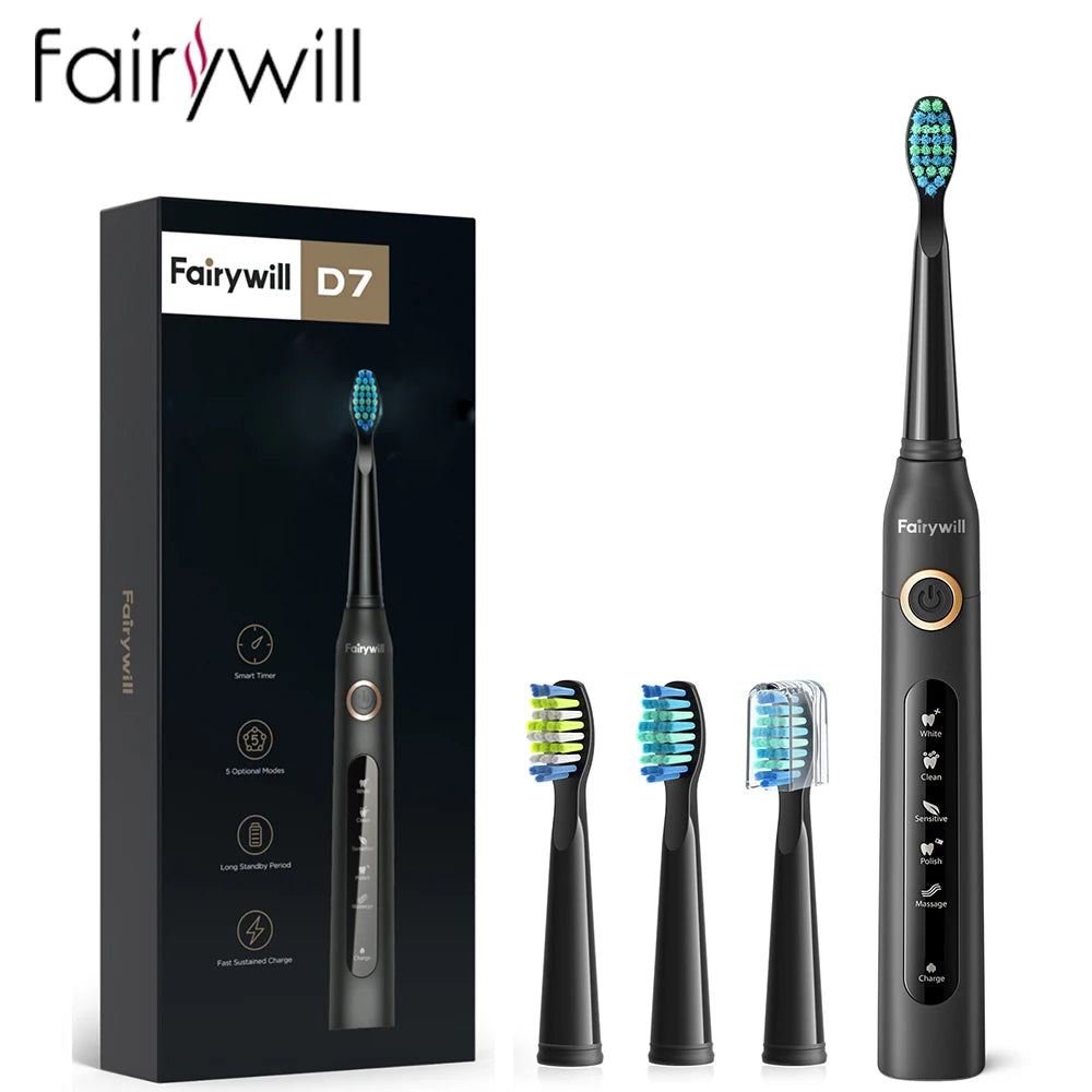 Fairywill FW-507 Electric Sonic Toothbrush | USB Rechargeable Waterproof Toothbrush with Replacement Heads for Adults