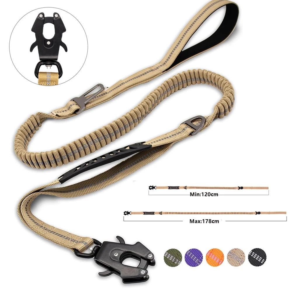 Reflective Shock-Absorbing Dog Leash with Car Seatbelt | Heavy-Duty Tactical Bungee No-Pull Leash for Large Dogs