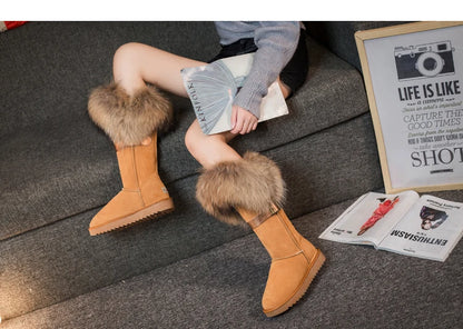 Winter Natural Fox Fur Long Boots Winter Fur Black Genuine Leather Snow Boots Knee- High Boots Waterproof Flat Raccoon Fur Boot