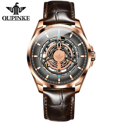 OUPINKE 3206 Automatic Mechanical Watch for Men Hollow 40mm Dial Original Hand Clock Synthetic Sapphire Mirror Leather Man Watch