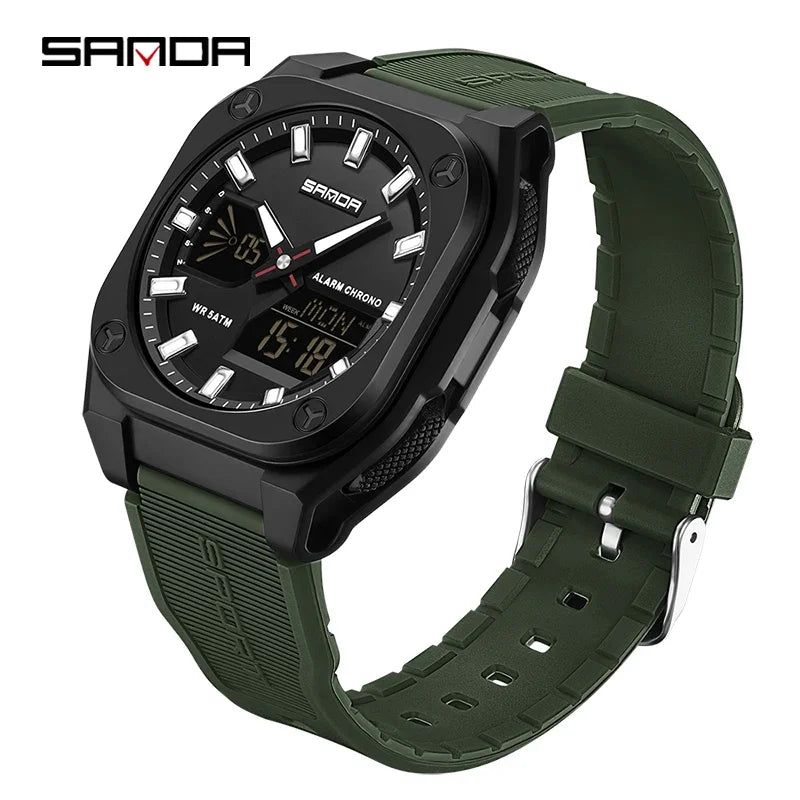 SANDA Quartz Watches for Men's Luxury Military Sport Chronograph Waterproof LED Dual Display Electronic Man Watches Reloj Hombre