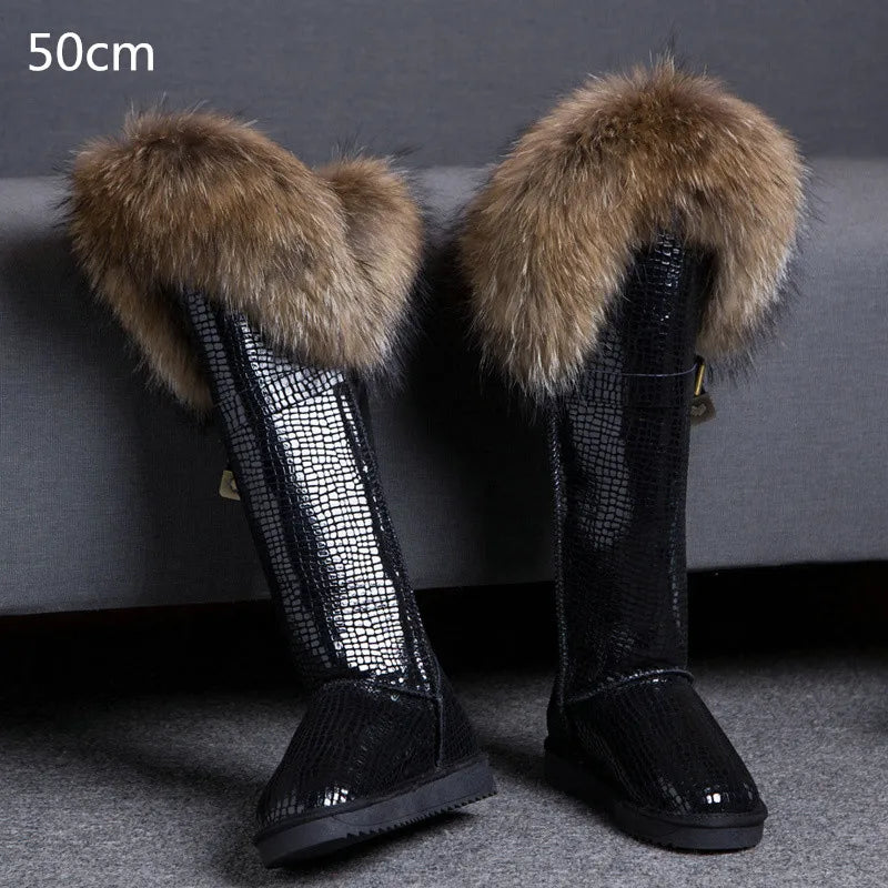 Winter Natural Fox Fur Long Boots Winter Fur Black Genuine Leather Snow Boots Knee- High Boots Waterproof Flat Raccoon Fur Boot
