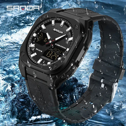 SANDA Quartz Watches for Men's Luxury Military Sport Chronograph Waterproof LED Dual Display Electronic Man Watches Reloj Hombre