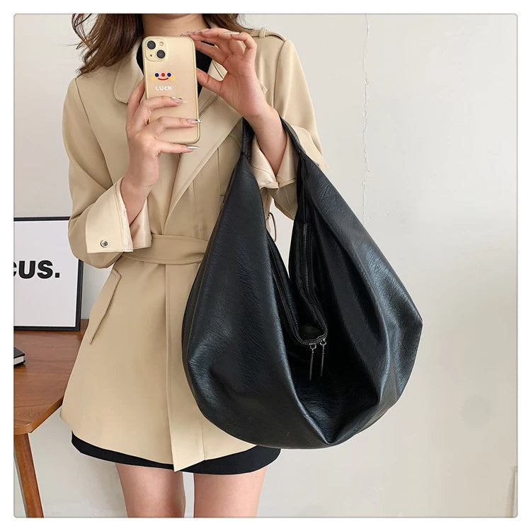 Big Black Shoulder Bags for Women Large Hobo Shopper Bag Solid Color Quality Soft Leather Crossbody Handbag Lady Travel Tote Bag
