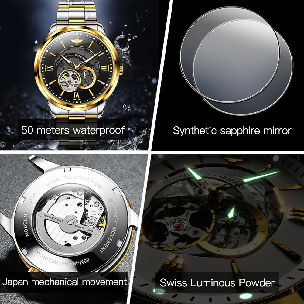 OUPINKE 3190 Hollow Automatic Mechanical Watch For Men Swiss Cerfiticate Brand Men's Watches Luxury Waterproof Man Hand Clock
