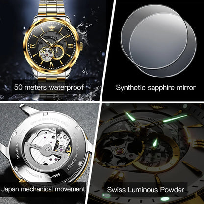 OUPINKE 3190 Hollow Automatic Mechanical Watch For Men Swiss Cerfiticate Brand Men's Watches Luxury Waterproof Man Hand Clock