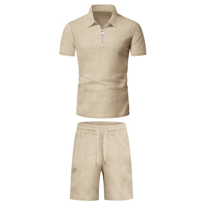 Men's Comfortable Short-Sleeved Waffle Polo Shirt And Shorts Set - Breathable Lightweight Spring/Summer Clothing