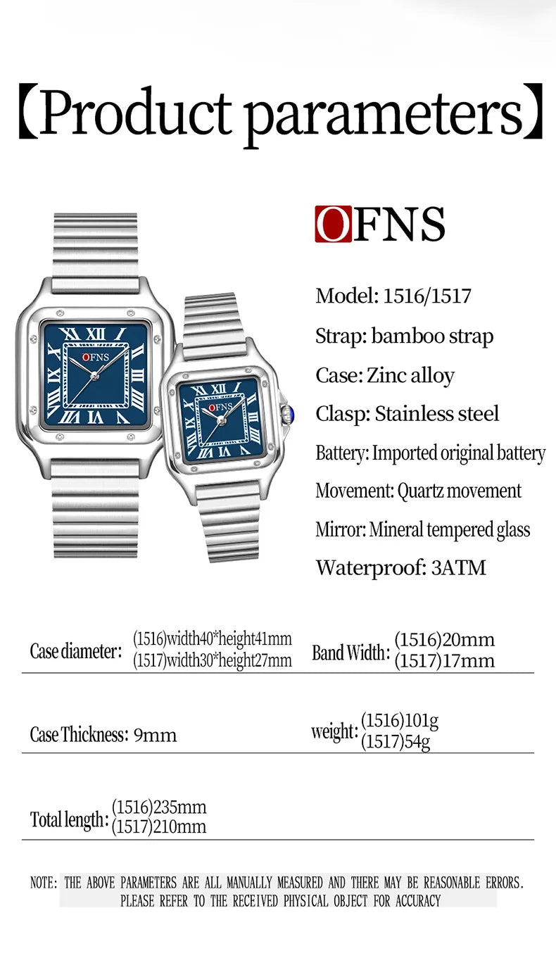 OFNS 2025 New 1516 Square Couple Quartz Watch 3ATM Waterproof Mineral Glass Roman Scale Simple Fashion Watch for Men and Women