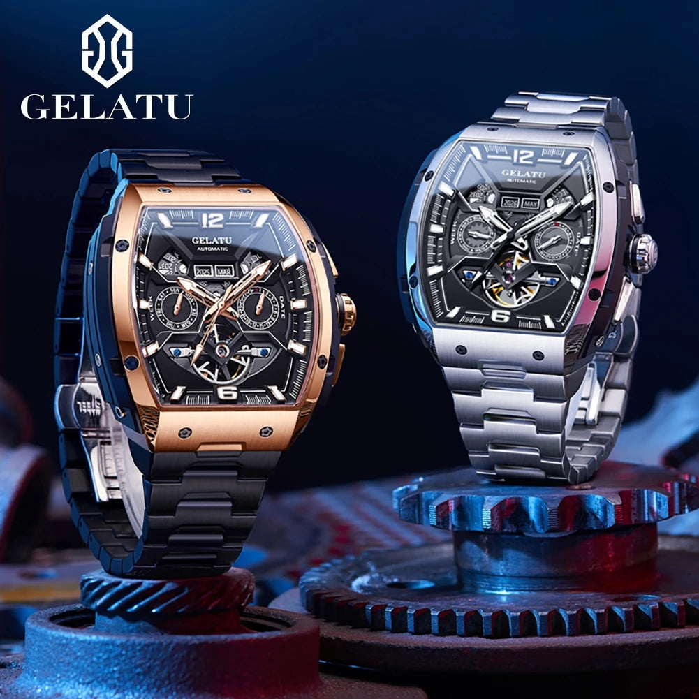 Reloj Hombre Watches Mens GELATU Top Brand Luxury Rose Black Skeleton Tourbillon Automatic Mechanical Watch for Men Waterproof