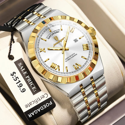 POEDAGAR Luxury Business Man Watch Week Date Waterproof Luminous Watches For Men Stainless Steel Quartz Men's Fashion Wristwatch