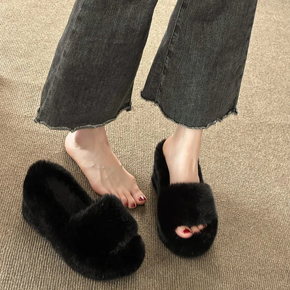 2024 Luxury New Women Feminine High-heeled Fur Drag Outdoor All-match Shoes Slippers Round Head Wedges with Mink Fur Slippers