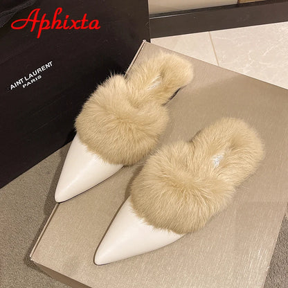Aphixta New Warm Winter Real Rabbit Fur Plush Women Slippers Birds Furry Plaid Shoes Pointed Toe Flat Heel Hair Slides