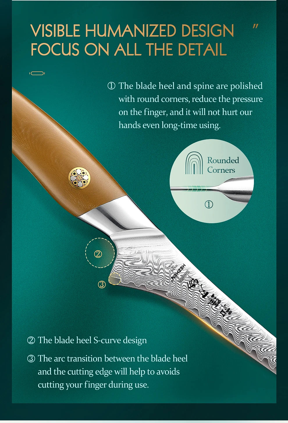 HEZHEN 7.3 Inch Fillet Knife 10Cr15CoMoV Steel Core Damascus Steel Kitchen Knife Cooking Cutlery Kitchen Tools Filleting Knife